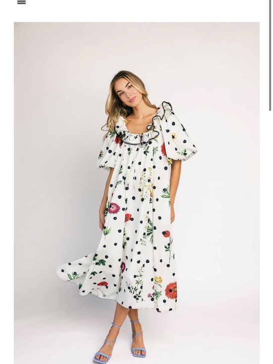 Dresses & Skirts - ISO ; White Floral & Polka Dot Puff-Sleeve Midi Dress
